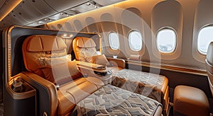 Luxury interior of business first class airplane or private jet with leather seats.Macro.AI Generative