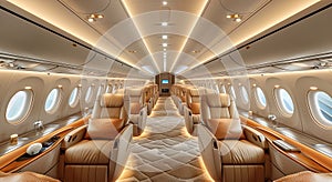 Luxury interior of business first class airplane or private jet with leather seats.Macro.AI Generative