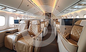 Luxury interior of business first class airplane or private jet with leather seats.Macro.AI Generative