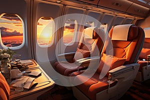 Luxury interior of a business jet. First class seats in commercial airlines plane. Sunset light in an aircraft