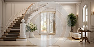 Luxury interior design of modern entrance hall with door and staircase in villa