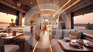 Luxury interior design of modern motorhome. Generative AI.