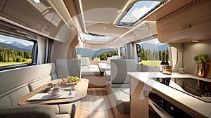 Luxury interior design of modern motorhome. Generative AI.