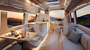 Luxury interior design of modern motorhome. Generative AI.