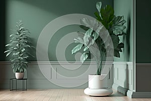 Luxury Interior Design: Sunlit Sage Green Wall Accompanied by a Lush Tropical Tree in a Modern White Pot, Resting on Wooden