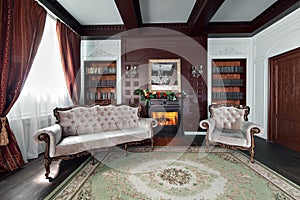 Luxury interior of home library. Sitting room with elegant furniture