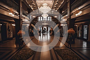 Luxury interior of a hotel lobby. Luxury hotel lobby, A big and luxurious hotel lobby interior with beautiful chandeliers and a