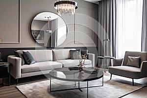 Luxury interior of the living room with a sofa in shades of gray.