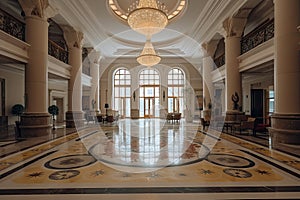 Luxury interior of a luxury hotel with marble floor and ceiling, A big and luxurious hotel lobby interior with beautiful