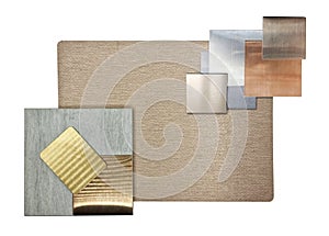 luxury interior material samples including brushed gold stainless, bronze and nickle silver aluminum, copper laminated. photo