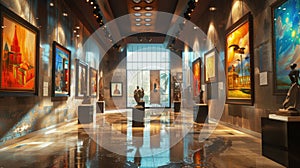 Luxury interior of modern museum, empty hall with marble floor, sculptures and paintings on walls. Concept of art, exhibition,