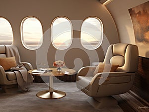In the luxury interior of the modern private business jet with leather seats and tables, sunlight shines through windows
