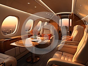 In the luxury interior of the modern private business jet with leather seats and tables, sunlight shines through windows