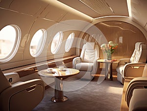 In the luxury interior of the modern private business jet with leather seats and tables, sunlight shines through windows