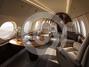 In the luxury interior of the modern private business jet with leather seats and tables, sunlight shines through windows