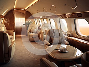 In the luxury interior of the modern private business jet with leather seats and tables, sunlight shines through windows