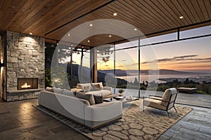 Luxury Interior with Panoramic Windows and Sunset View