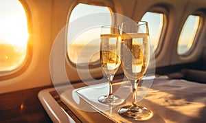Luxury interior of a private jet or first class flight with two glasses of champagne