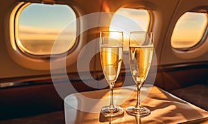 Luxury interior of a private jet or first class flight with two glasses of champagne
