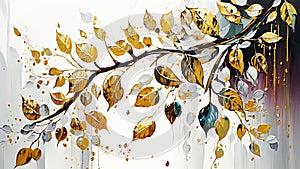 Luxury interior wall art. Fall branches with colorful and gold leaves