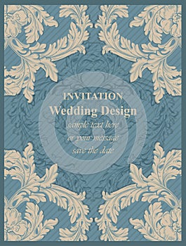 Luxury invitation card Vector. Royal victorian pattern ornament. Rich rococo backgrounds. Blue bell colors