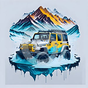 A luxury jeep, car, on a ice road with mountain view, printable, t-shirt design, white background