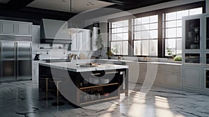 Luxury kitchen dark wood and marble, beautiful modern kitchen with dark wood fronts and marble floors and countertops