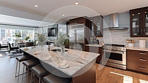 Luxury kitchen design with marble surfaces