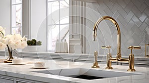 a luxury kitchen sink, the intricate herringbone backsplash tiles, the pristine white marble countertop, and the opulent