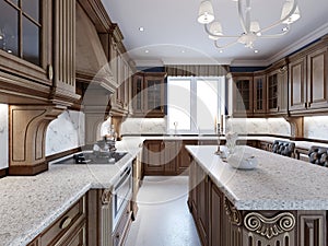 Luxury kitchen with tile floor, stained cabinets and marble counter top