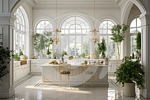 Luxury kitchen with wide windows and classic decor generated by AI