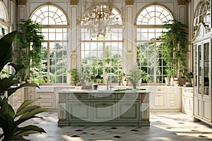 Luxury kitchen with wide windows and classic decor generated by AI