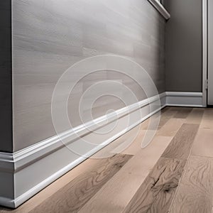 Luxury laminate flooring in front of a door. baseboard.