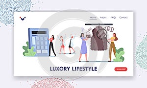 Luxury Lifestyle Landing Page Template. Young Women Watching Expensive Clothes Fur coat and Bags Assortment at Store