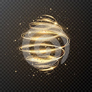 Luxury light spiral with glitter and stars. Christmas design. Magic sparkle swirl trail effect on transparent background
