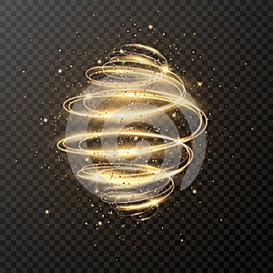 Luxury light spiral with glitter and stars. Christmas design. Magic sparkle swirl trail effect on transparent background photo