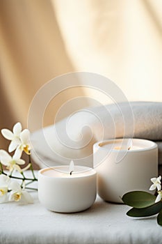 Luxury lighting aromatic scented glass candle display on the grey table in the white bedroom