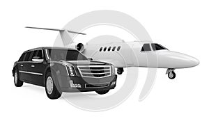Luxury Limousine Car and Private Jet Isolated