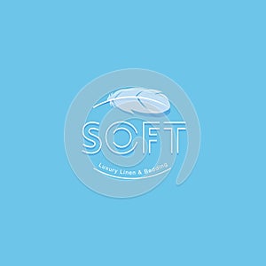 Soft logo. Luxury linens & bedding logo. White feather and thin letters, isolated on a blue background.