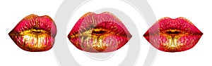 Luxury lips icon. Beauty set of red and gold lipstick kiss isolated on white background. Creative cosmetic design. Girl