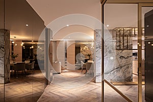 Luxury living and dining room decorated with white marble and gold mirror stainless with natural wooden floor