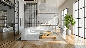 Luxury living room with big beige corner sofa and wooden floor and big windows. Ai Generative