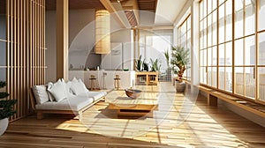 Luxury living room with big beige corner sofa and wooden floor and big windows. Ai Generative