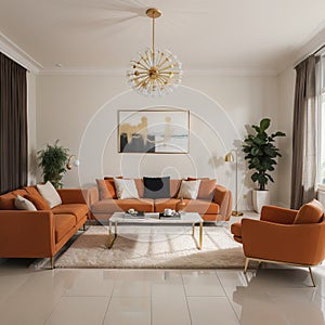 Luxury living room design, bright beige interior apartment, panorama, ,