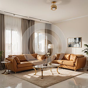 Luxury living room design, bright beige interior apartment, panorama, ,