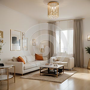 Luxury living room design, bright beige interior apartment, panorama, ,