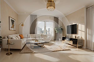 Luxury living room design, bright beige interior apartment, panorama, ,