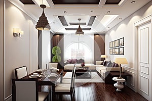 Luxury living room and dining room with tv and sofa