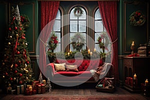 Luxury living room interior with Christmas tree, fireplace, sofa and gifts. Vintage style.