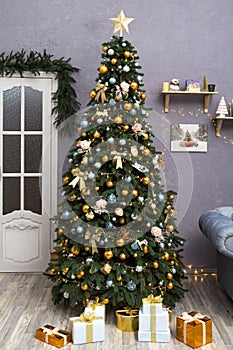 Luxury living room interior decorated with chic Christmas tree